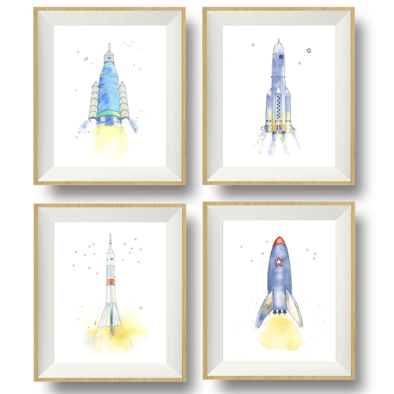 Space Ship Artwork, Set of 4 Prints for Toddler Boy Room, Rocket Ship Art, Boy Wall Art, Space Themed Nursery, Watercolor image 1