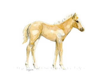 Palomino Horse Watercolor Print, Vintage Style Nursery Wall Art for Boy or Girl Room,  Hand Painted, Landscape or Portrait