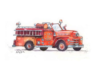 Fire Truck Print for Toddler Boys Room, Nursery Wall Art, Truck Wall Decor, Watercolor, Digital Download