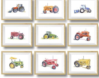 Farm Tractor Prints Set,  Nursery Decor, Watercolor Tractor Decor, Farmhouse Decor, Art Print, Tractor Nursery, Kids Wall Art