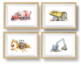 Construction Truck Wall Art Prints for Baby and Toddler Boys Rooms, Kids Wall Decor, Vehicles Nursery Art, Watercolor