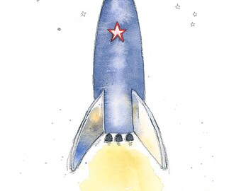 Space Ship Print for Baby and Toddler Boy's Bedroom, Navy Blue Nursery Decor, Kids Wall Art, Watercolor