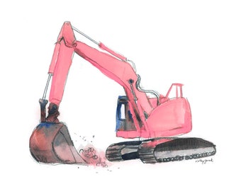 Pink Excavator Truck Print for Toddler Girls Room Decor, Truck Wall Art, Babyshower Nursery Gift, Watercolor