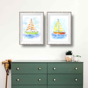 Yellow Sailboat Print for Baby and Toddlers Rooms, Nautical Nursery Wall Decor, Boys and Girls, Preschool Playroom, Watercolor image 2