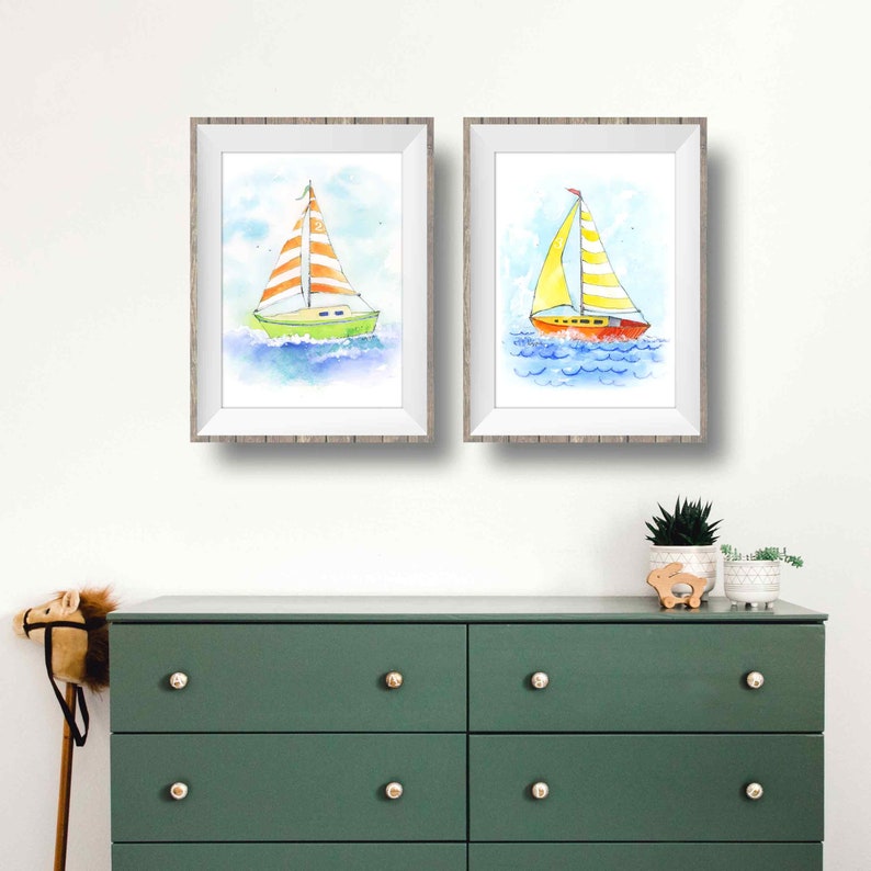 Yellow Sailboat Print for Baby and Toddlers Rooms, Nautical Nursery Wall Decor, Boys and Girls, Preschool Playroom, Watercolor image 2