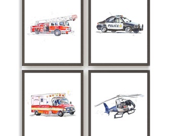 Set of 4 Rescue Vehicles Wall Art Prints, Portrait Orientation, for Baby and Toddler Boys Rooms, Kids Wall Decor, Nursery Wall Art