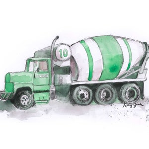 Watercolor Cement Mixer Truck Print: Green Construction Art (Digital Download)