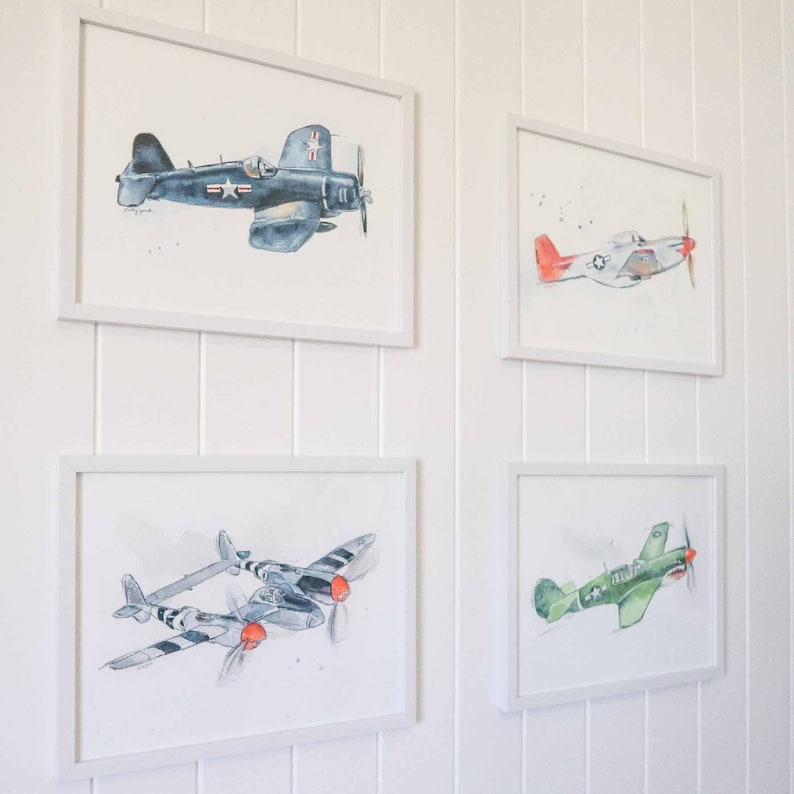 Set of 4 WWII Military Airplane Prints for Boys Room, Kids Wall Decor, Nursery Wall Art, Watercolor image 2