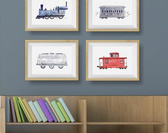 Train Prints for Baby Boy Nursery and Toddler Bedroom, Watercolor Wall Art, Free Personalization