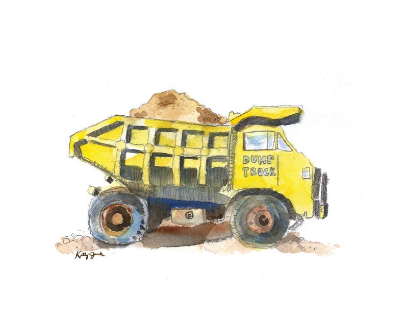 Yellow Dump Truck Print 2, Construction Decor for Baby and Toddler Boys Rooms, Nursery Wall Art, Kids Bedroom Decor, Watercolor image 1