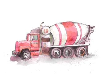 Pink Construction Truck Print for Girls Room, Cement Mixer, Truck Wall Art Decor, Truck Nursery Gift, Watercolor