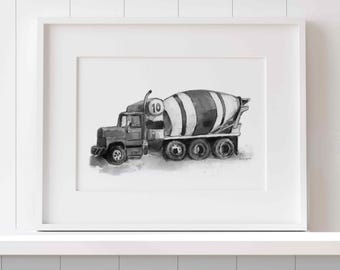 Impresión de camión hormigonera negro, arte de pared para habitación de bebé y niño pequeño, acuarela