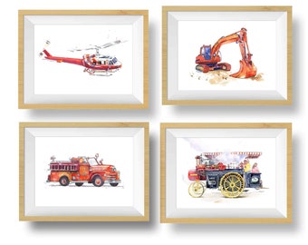 Red Transportation Prints, Set of 4, for Baby or Toddler Boys Room, Rescue Vehicle, Emergency Responder,  Transportation, Watercolor