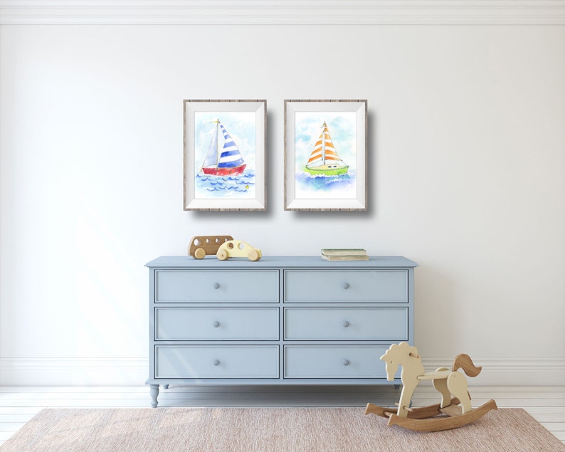 Blue Sailboat Print for Baby Nursery or Toddler's Bedroom, Nautical Wall Art for Kids' Rooms, Preschool, Playroom Decor, Watercolor image 7