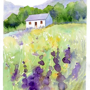 Set of 2 Watercolor Landscape Art Prints, Countryside Scene with Farmhouse, Mountains and Flowers, Cottagecore Wall Art image 1