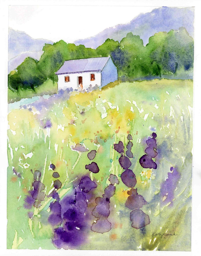 Set of 2 Watercolor Landscape Art Prints, Countryside Scene with Farmhouse, Mountains and Flowers, Cottagecore Wall Art image 1