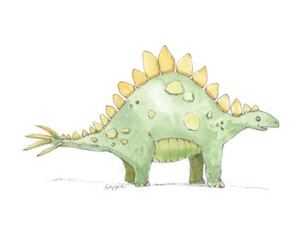 Dinosaur Wall Art for Baby and Toddler Boys' Rooms, Green Stegosaurus Nursery Decor, Playroom, Preschool Artwork, Watercolor