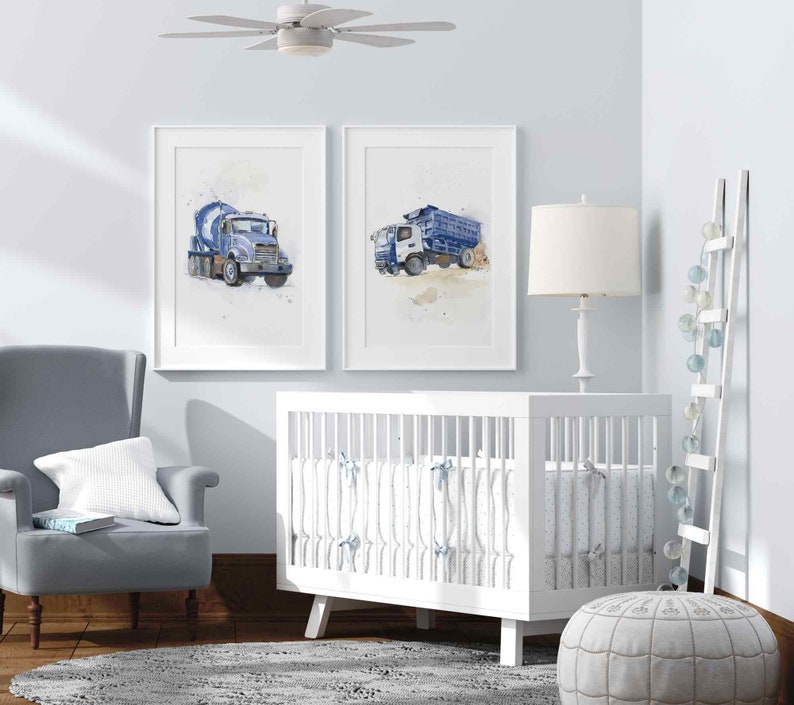 Set of 3 Blue Gray or Gray Truck Prints for Toddler Boys Room, Construction Decor, Kids Bedroom, Truck Wall Art image 9