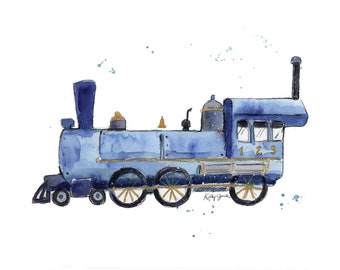 Navy Blue Train Print for Toddler Boys Room, Steam Engine, Nursery Decor, Watercolor, Kids Wall Art