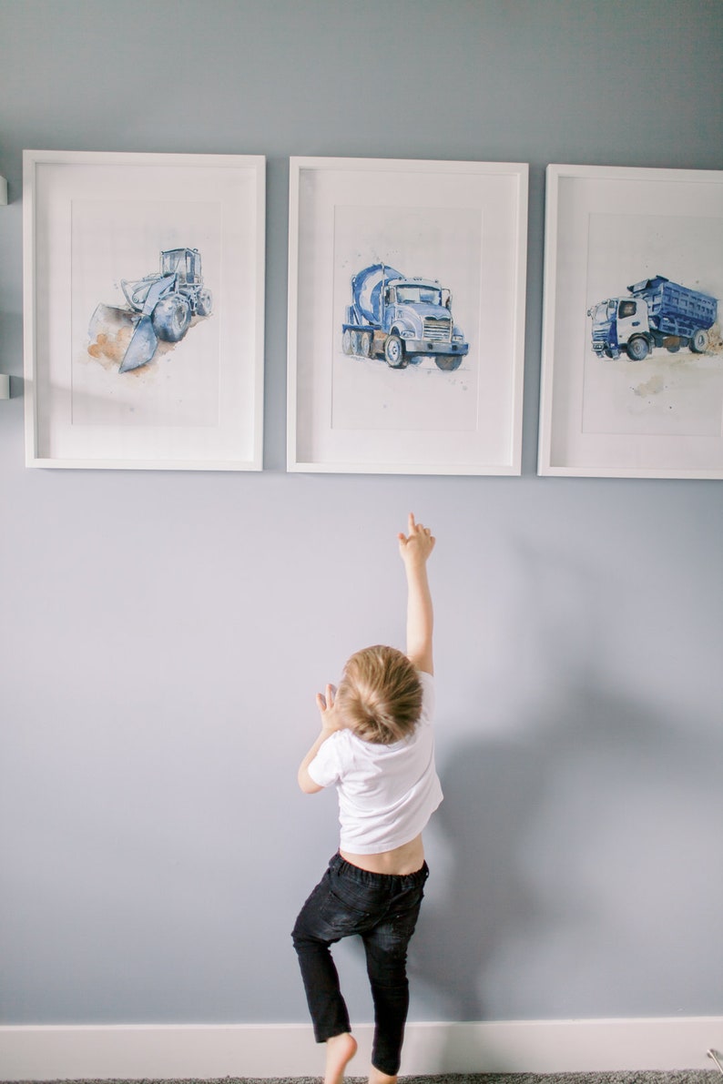 Set of 3 Blue Gray or Gray Truck Prints for Toddler Boys Room, Construction Decor, Kids Bedroom, Truck Wall Art image 3