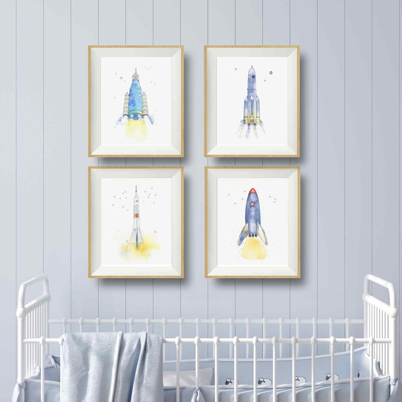 Space Ship Artwork, Set of 4 Prints for Toddler Boy Room, Rocket Ship Art, Boy Wall Art, Space Themed Nursery, Watercolor image 2
