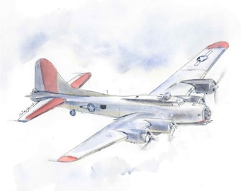 B17 Flying Fortress Airplane Print, Vintage Airplane Wall Art, Nursery or Kids Room Decor, Gift for Husband, Dad, Boyfriend, Watercolor