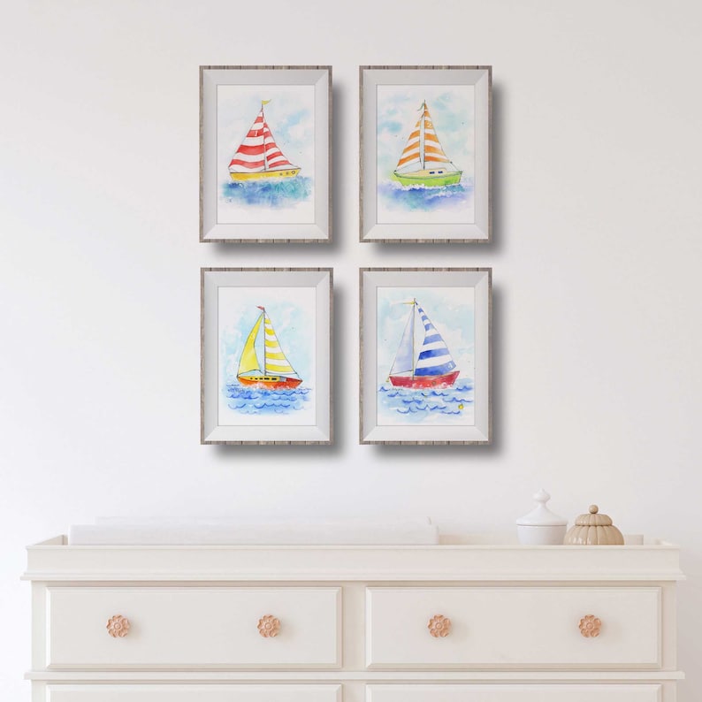 Blue Sailboat Print for Baby Nursery or Toddler's Bedroom, Nautical Wall Art for Kids' Rooms, Preschool, Playroom Decor, Watercolor image 5