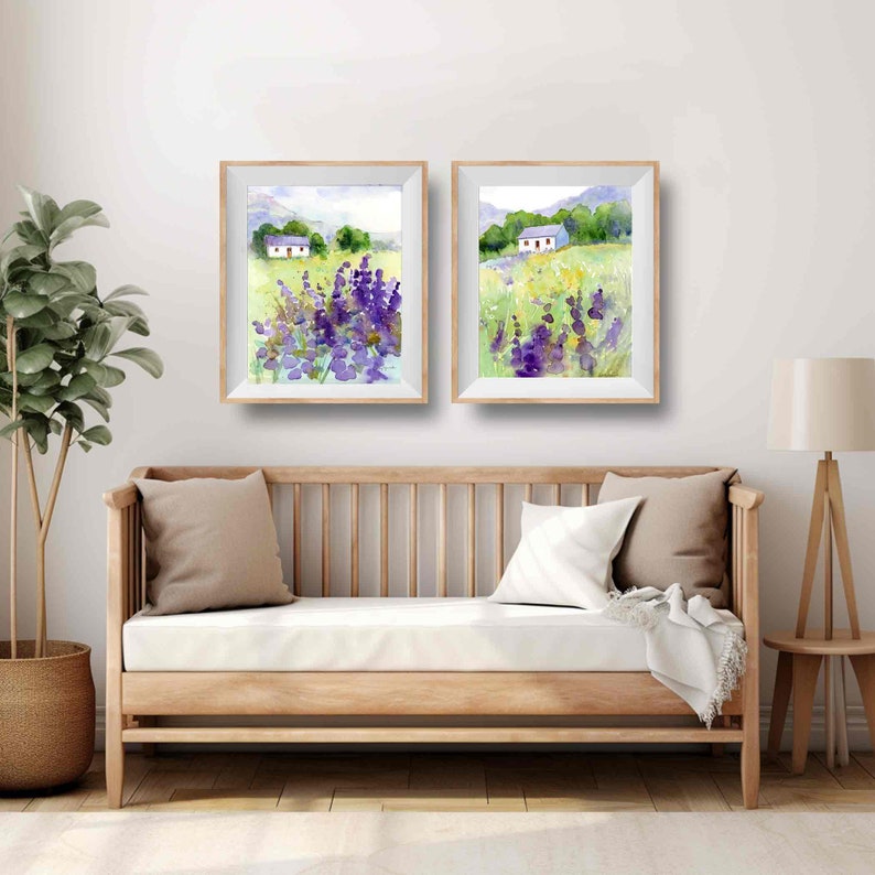 Set of 2 Watercolor Landscape Art Prints, Countryside Scene with Farmhouse, Mountains and Flowers, Cottagecore Wall Art image 5