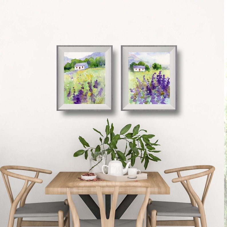 Set of 2 Watercolor Landscape Art Prints, Countryside Scene with Farmhouse, Mountains and Flowers, Cottagecore Wall Art image 2