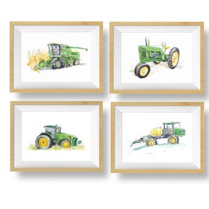 Set of 4 Green Tractor Prints, Combine, Bean Sprayer, Farm Nursery Wall Art, Tractor Decor for Boys Room, Father&#39;s Day, Birthday Gift