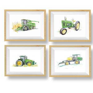 Set of 4 Green Tractor Prints, Combine, Bean Sprayer, Farm Nursery Wall Art, Tractor Decor for Boys Room, Father's Day, Birthday Gift