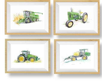 Set of 4 Green Tractor Watercolor Prints, Farm Nursery Wall Art (Digital Download)