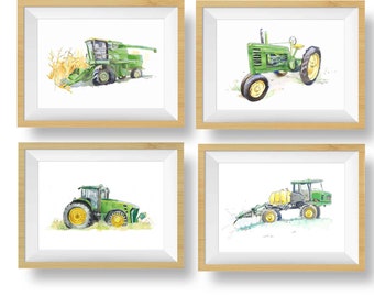 Set of 4 Green Tractor Prints, Combine, Bean Sprayer, Farm Nursery Wall Art, Tractor Decor for Boys Room, Father's Day, Birthday Gift