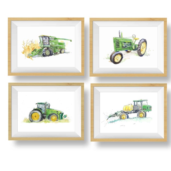Set of 4 Green Tractor Prints, Combine, Bean Sprayer, Farm Nursery Wall Art, Tractor Decor for Boys Room, Father's Day, Birthday Gift