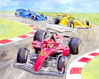 May include: Watercolor painting of three Formula 1 race cars on a track. The lead car is red, followed by a yellow car, and a blue car in the distance. The track has red and white curbing.