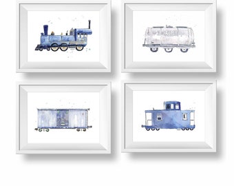Navy Blue Train Prints for Baby Nursery or Toddler Boys Room, Set of 4 Train Wall Art, Baby Shower Gift