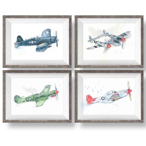 Set of 4 WWII Airplane Prints, F4U, P38, P40, P51, Military Fighter Planes, Wall Art, Gift for Dad, Husband, Boyfriend, Watercolor