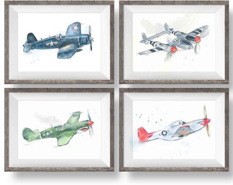 Set of 4 WWII Airplane Prints, F4U, P38, P40, P51, Military Fighter Planes, Wall Art, Gift for Dad, Husband, Boyfriend, Watercolor