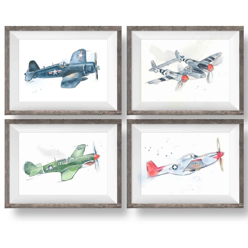 Set of 4 WWII Airplane Prints, F4U, P38, P40, P51, Military Fighter Planes, Wall Art, Gift for Dad, Husband, Boyfriend, Watercolor image 1