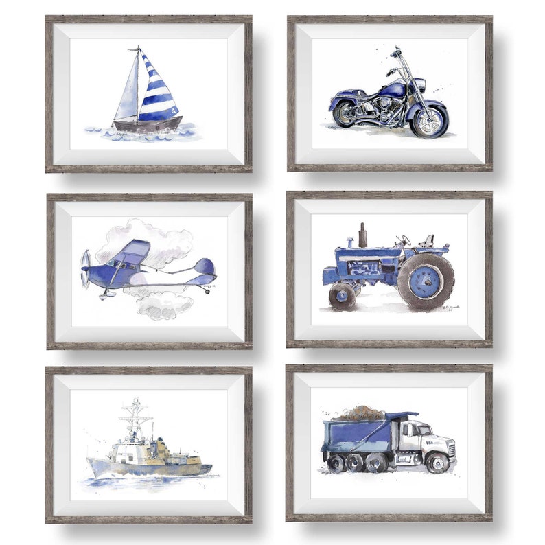 Navy Blue Transportation Prints Set for Toddler Boys Room, Vehicle Wall Art, Nursery Wall Decor, Watercolor image 1