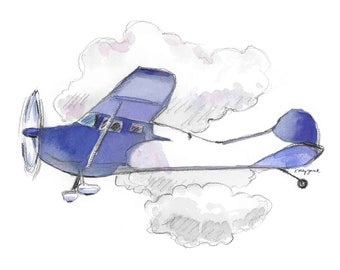 Navy Blue Airplane Print, Nursery Wall Art, Transportation Vehicles for Toddler Boys Room Decor, Watercolor Art