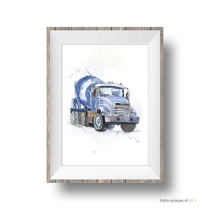 Impression de camion bleu bétonnière 2 pour chambre de petit garçon, art mural construction, décoration murale de chambre d'enfant, orientation portrait, aquarelle image 2