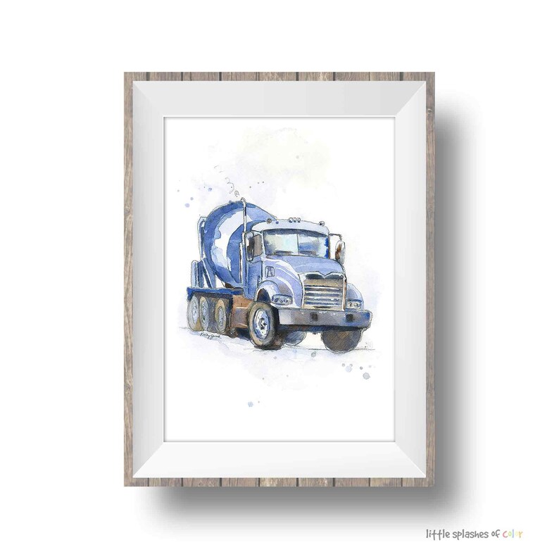 Blue Cement Mixer Truck Print 2 for Toddler Boys Room, Construction Wall Art, Nursery Wall Decor, Portrait Orientation, Watercolor image 2