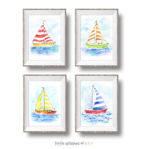 Set of 4 Sailboat Art Prints for Baby and Kids Rooms, Nautical Wall Art, Watercolor