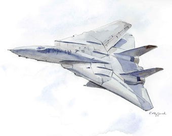 May include: A watercolor painting of a gray fighter jet in flight, angled upward against a light, cloudy background. The aircraft features swept-back wings, a pointed nose, and visible cockpit details. The artist's signature is in the bottom right.