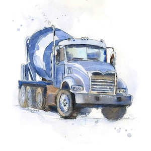 Impression de camion bleu bétonnière 2 pour chambre de petit garçon, art mural construction, décoration murale de chambre d'enfant, orientation portrait, aquarelle image 1