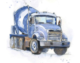 Blue Cement Mixer Truck Print #2 for Toddler Boys Room, Construction Wall Art, Nursery Wall Decor, Portrait Orientation, Watercolor