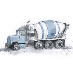 Construction Truck Print, Cement Mixer Wall Art for Boys Room, Nursery Art, Blue Gray Nursery Decor image 1
