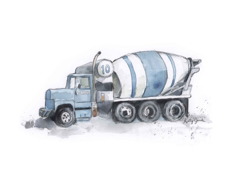 Construction Truck Print, Cement Mixer Wall Art for Boys Room, Nursery Art, Blue Gray Nursery Decor image 1