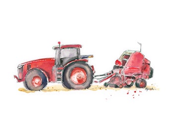 Rode tractor print #18, kunst aan de muur voor boerderij kwekerij, baby peuter jongens kamer decor, hooibalenpers schilderij, aquarel